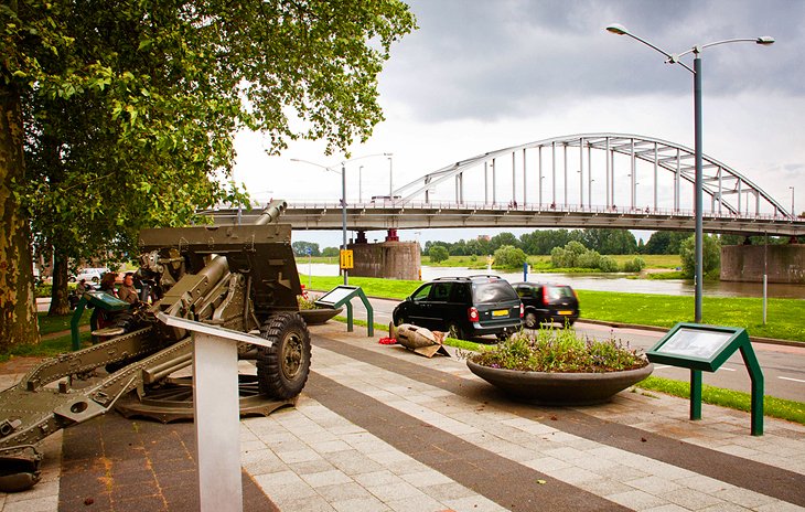 The John Frost Bridge
                in Arnhem at night. When hovered over, it changes to reveal the person John Frost,
                the bridge is renamed in his honor
